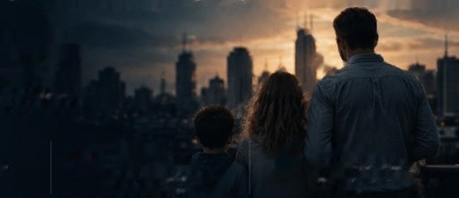 A family looking toward a city skyline at sunset